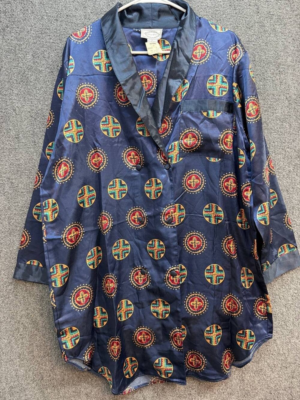 Sleep Club Women's Satin Robe Blue Print Shawl Collar 34" Long Size L